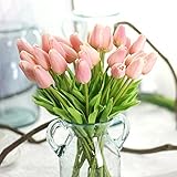 Bringsine Premium Artificial Flowers Real Touch Mini PU Tulips Bouquet Artificial Plants for Wedding Room Home Hotel Party Event Christmas Decor set of 10, Love Pink
