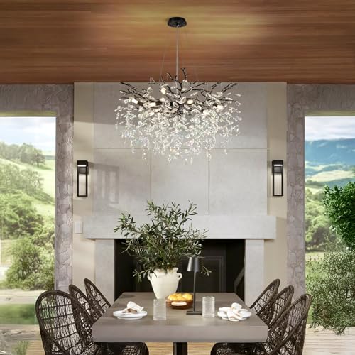 PIOUTNF Modern Crystal Chandelier, Dining Table Chandeliers, Tree Branch Chandelier Adjustable Height for Dining Room, Living Room, High Ceiling, Kitchen Island, Foyer, Black