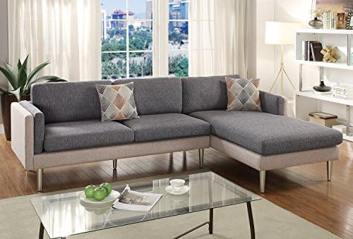2Pcs Modern Ash Black / Sand Cotton Blended Fabric Reversible Chaise Sofa Set with Accent Pillows