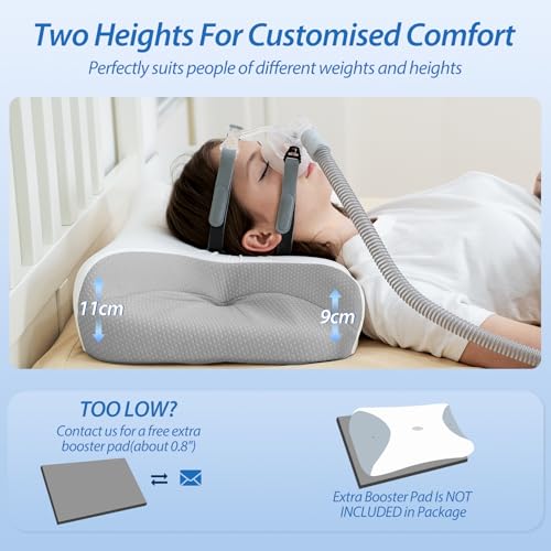 HOMCA CPAP Pillow, Orthopedic Memory Foam Pillow for All CPAP Masks That Reduces Mask Pressure and Air Leaks, with Cooling Cover, 65 x 40 x 9/11 cm