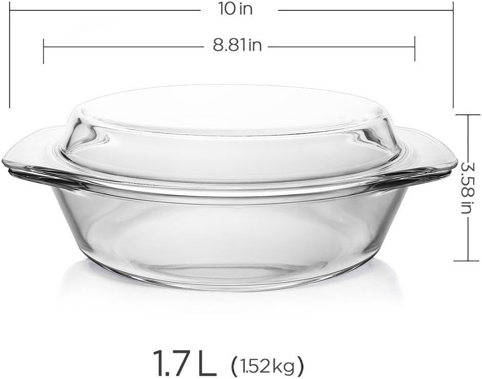 Glencreag Round Clear Unbreakable Covered Tempered Glass Bakewarem, 1.7 Liters
