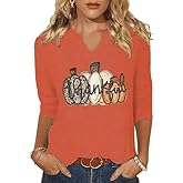 3/4 Sleeve Fall Shirts for Women V Neck Witch Pumpkin Ghost Skull Graphic Halloween Thanksgiving Party Tops