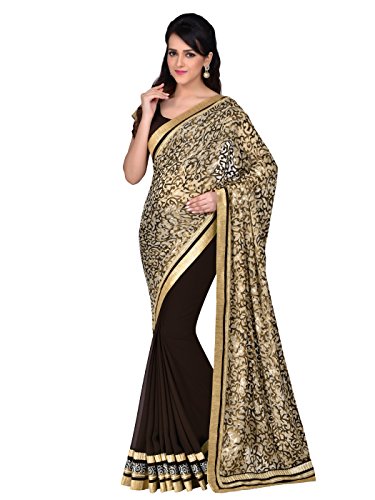 Shonaya Women's Embroidered Georgette & Brasso Beige Half & Half Saree With Unstitched Blouse Piece