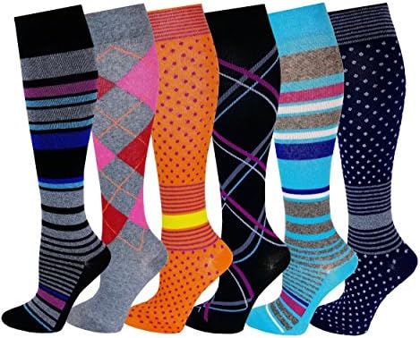 6 Pairs Pack Moderate Sports, Travelers, Anti-Fatigue, Graduated Compression Knee High Socks 9-11