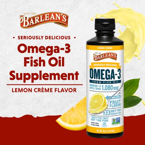 Barlean's Lemon Crème Omega 3 Fish Oil Liquid Supplement, 1080mg of Omega 3 EPA & DHA Fatty Acid