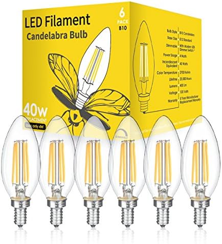 LED Filament Vintage Candelabra Light Bulb - 4W (40 watt replacement) E12 base, B10 shape, 120V (6 pack)