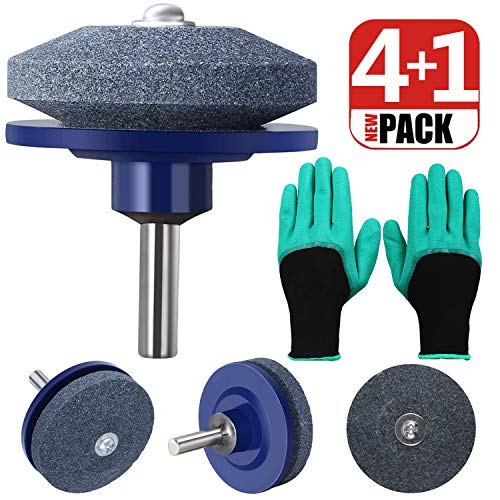 Ewalite 4 PCS Lawn Mower Blade Sharpener Universal Multi-Sharp Rotary Lawnmower Sharpen for Power Drill Hand Drill with Garden Genie Gloves