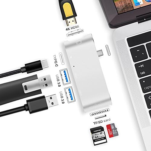 USB C Hub, SILIFUN [6 in 1] USB C Adapter Type-C 3.1 with 2 USB-C 3.0 Ports,SD/TF Card Reader,HDMI 4K&amp;PD Charging for Macbook Pro,Micsoft 950XL,Google Chromebook and More Type C Devices (Silver)