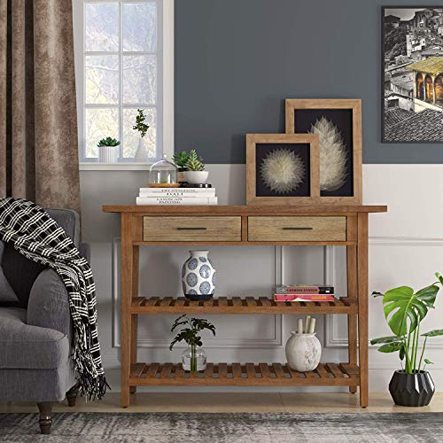 HOMECHO Rustic Console Table with Drawers, Farmhouse Hallway Entryway Table with Storage, Accent Sofa Table with 2 Shelves for Living Room, 43.2” Retro Brown