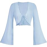 Floerns Women's Summer Long Sleeve Blouse Tops V Neck Tie Front Cute Crop Tops