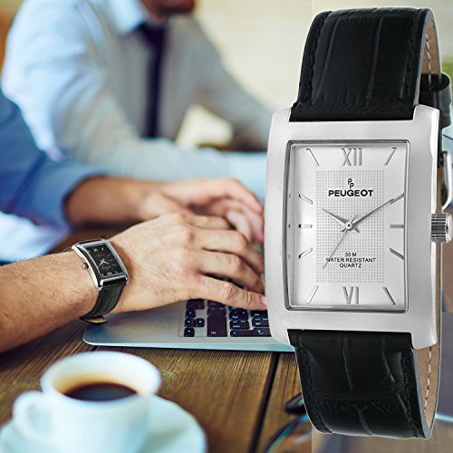 Peugeot Men's 2033SL Silver-Tone Black Leather Strap and Silver Dial Watch