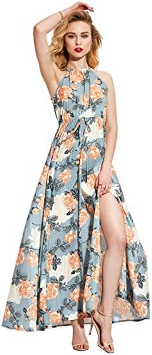Vintacy Women's Floral Halterneck Print Summer Sleeveless Side Split Maxi Long Dress