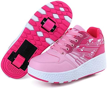 DFEDCLL Unisex Kids LED Roller Skate Shoesinvisible with Double Wheel, Removable Become Sport Trainer Non-slip wearUSB Sneakers for Boys Girls,Pink,35