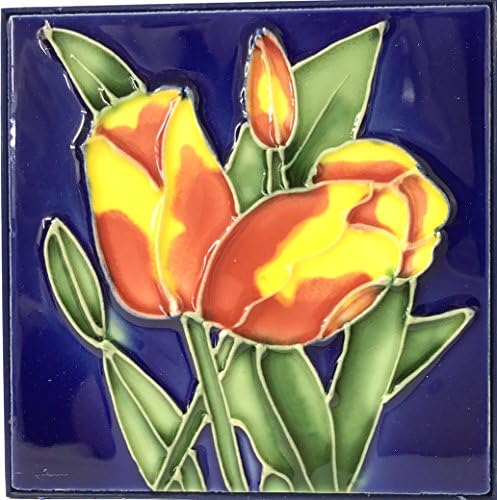 1 , RED , YELLOW , TULIPS , Decorative Tile, Art on a Ceramic Tile, about, 4" X 4" X .25",+21B1.9+