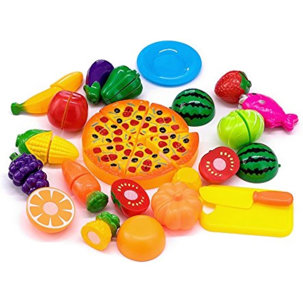 Kingdommax Kitchen Toy Food, 24Pcs Plastic Fruit Vegetable Cutting Set