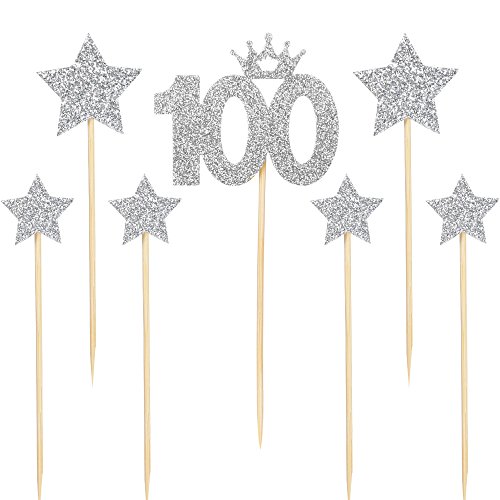 PALASASA Silver glitter 100 Days Cake Topper and pentacle for Parties Baby Happy Birthday,set of 7 - Thumbnail 6