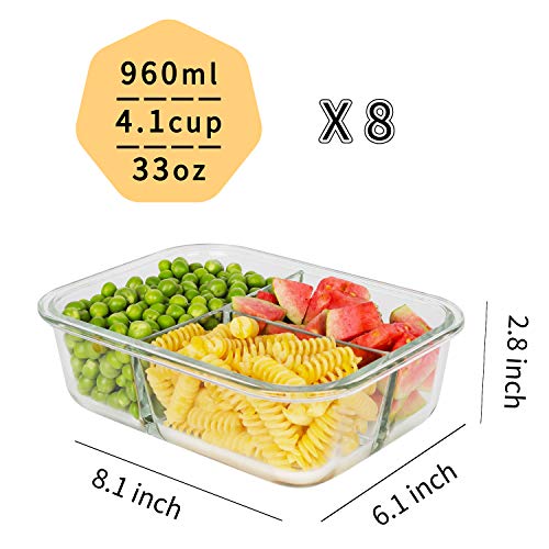 Bayco 8 Pack Glass Meal Prep Containers 3 Compartment, Glass Food