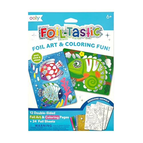 OOLY Foil Art Kit for Kids - Awesome Animals Foil Art Set, 12 Double-Sided Coloring Pages and 24 Foil Sheets, Ages 6+