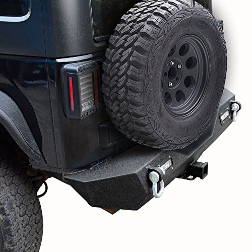 LEDKINGDOMUS Rear Bumper for 07-18 Jeep Wrangler Unlimited JK with 2x LED Lights & 2" Hitch Receiver Textured Black - Thumbnail 2