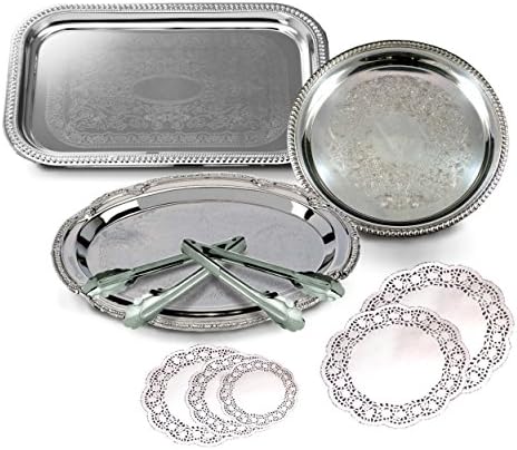 3 Party Serving Trays and Platters: Metal 12"-11"-10" Diameter. Ideal Appetizer or Dessert Tray Bundle. Stainless Steel Tongs (2 sets), Paper Doilies...