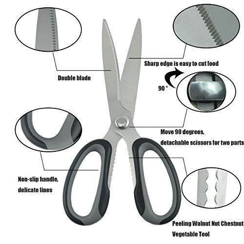 Kitchen Scissors,Stainless Steel Heavy Duty Detachable Shears Serrated And Flat Blade For Meat/Nuts