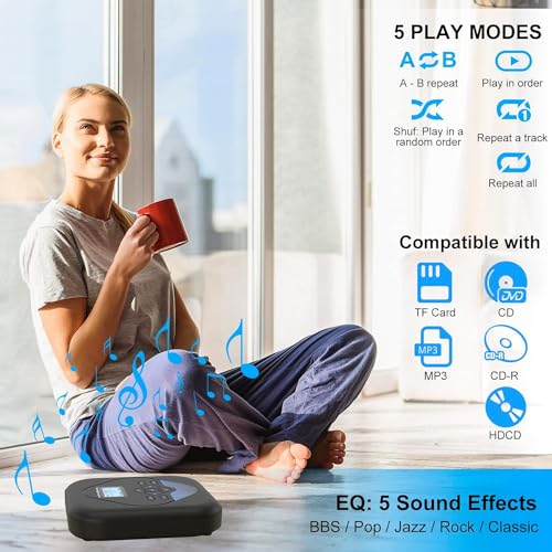 MONODEAL CD Player Portable,Bluetooth CD Player with Speakers,Rechargeable Player for Car and Home,Small Anti-Skip Player with Dual Headphone Jacks,WAV/FLAC/MP3/CD Compatible