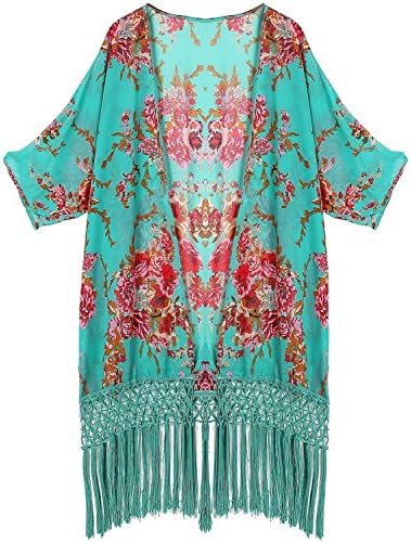 Lerron Women's Beach Wear Cover up Swimwear Beachwear Sun-protective Bikini 3/4 Sleeve Floral Print Sheer Chiffon