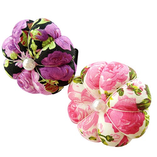 CUSHYSTORE 2X Pink Purple Wrist Flower Floral Garden Pin Needle Cushion Pincushion Wearable Pumpkin Sewing Holder Safety with Adjustable Elastic Band for Girl Women Gift