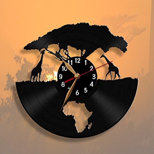 Africa, Giraffes Clock, Vinyl Record Wall Clock 12 inch (30cm) / Modern, Animals, Black Wall Art Décor / Black clockface, Arabic digits