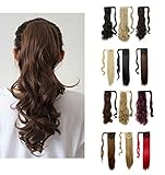 Wrap Around Synthetic Ponytail One Piece Heat Resistant Magic Paste Pony Tail Long Wavy Curly Soft Silky for Women Lady Girls 17'' / 17 inch (dark brown)