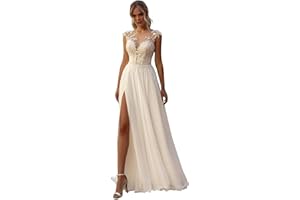 LJEUYDS Wedding Dresses for Bride 2024 Boho Beach Lace Appliques Mermaid Beaded V Neck Bridal Gown for Women with Train