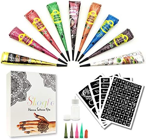 Temporary Tattoo Kit-9Color Temporary Tattoo Paste Cone with 107 Pcs Template Set,1 x Applicator Bottle and 5 x Plastic Nozzle.