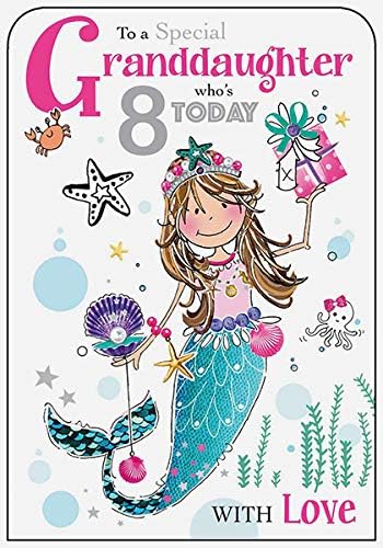 Jonny Javelin Granddaughter 8th Birthday Card (TW205) - Mermaid and Presents, green|black|pink|beige, 210 x 290 mm
