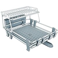 VENETIO ADR-0003 Delux Aluminum Drying Rack 2 Tiers with Removable Dish Drainer Tray 360° Swivel Spout, with Anti-slip Cup Holder for Big Kitchen Counter, 17.7 x 14.2 x 10.24 IN, Gray