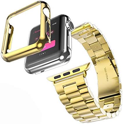 HUANLONG Compatible with Apple Watch Band Series 1/2/3/4, Stainless Steel Strap Band w/Adapter+Case Cover Compatible for iWatch 40/44mm (H Gold 40mm)