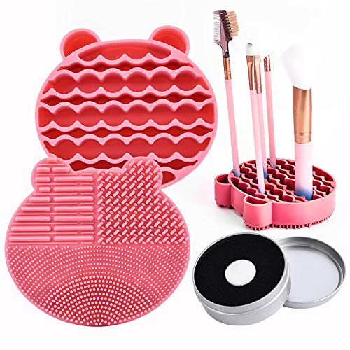 Silicon Makeup Brush Cleaning Mat with Brushes Drying Holder Portable Bear Shaped Cosmetic Brush Cleaner Pad+ Makeup Brush Dry Cleaned Quick Color Removal Sponge Scrubber Tool (Pink)