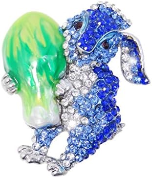 EVER FAITH® Silver-Tone Easter Bunny Hugging Cabbage Brooch Enamel Blue Austrian Crystal