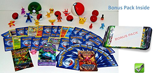 Pokemon Party Bundle with EXTRA BONUS PACK, 2 large random Pokeball, 6 small Pokeball with small toys, 2 two inch figures, 12 one inch Pokemon figures, 50 Pokemon cards, Pokemon Toys, Gift Bundle Set
