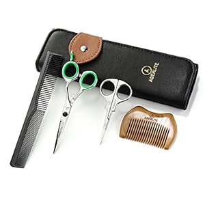 Image of Beard Scissors Kit for Men (5pcs) | 4.5" Professional Micro-serrated Beard/Hair Scissors (Japanese Stainless Steel), Travel Size Mustache Scissor, Sandalwood Pocket Comb, Barber Comb, w/Case Set