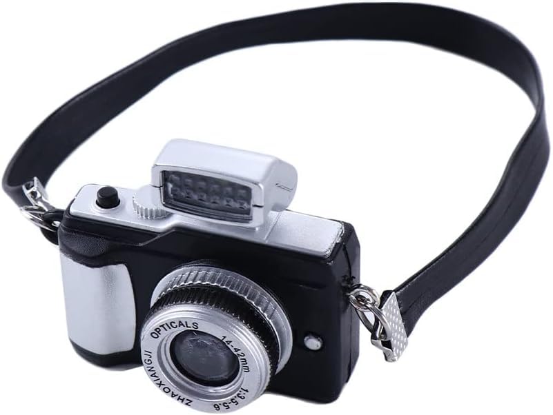 Photo 1 of Black Mini Camera for Dolls, Dollhouse Miniature Digital SLR Camera, Vintage Style, Plastic, 1:12 Scale, Retro Theme, Dollhouse Accessory