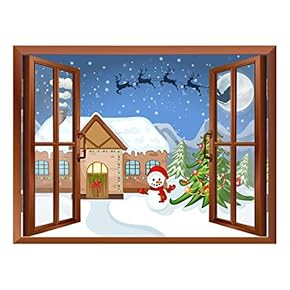 Cartoon Santa Claus and Reindeers Flying Over The Rooftop - Peel and Stick Self-Adhesive Removable Window View Wall Sticker/Wall Mural - 24"x32"