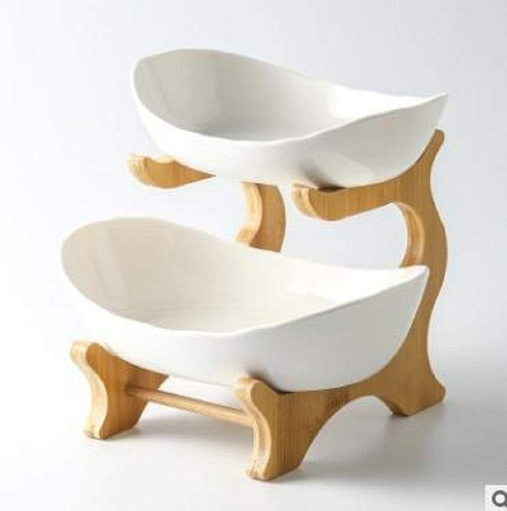 Fghuim Kitchen Food Display Dessert Presentation Stand Snacks Stand 2 Tiers with Bamboo Stand Ceramic Fruit Bowls
