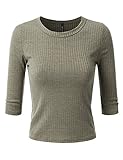 Doublju Womens 3/4 Sleeve Crewneck Cropped Ribbed Knit Top