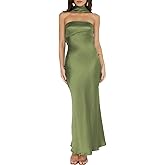 Women's Summer Satin Strapless Tube Top Maxi Dress Elegant Silk Backless Halter Neck Formal Party Dresses Wedding Guest