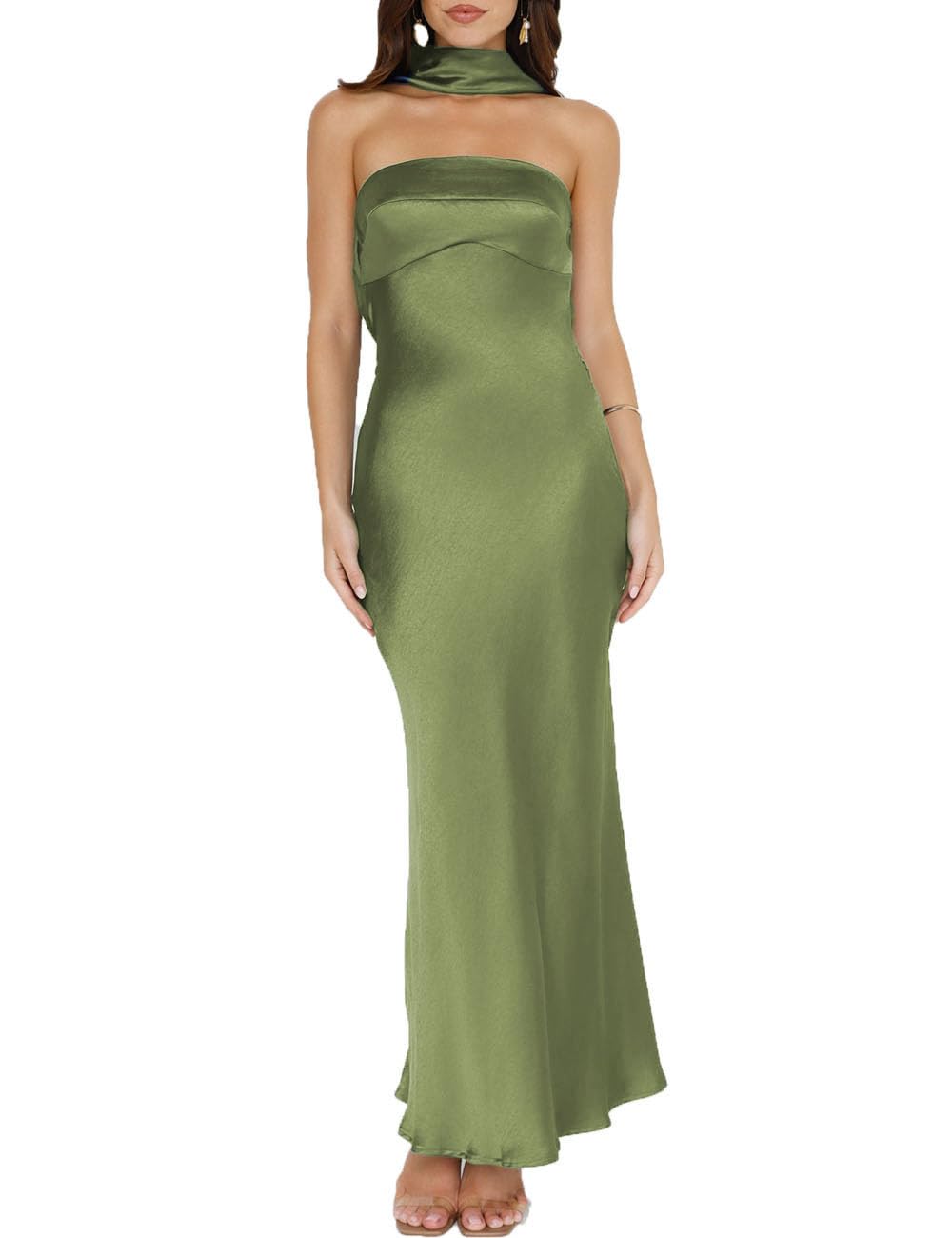 Photo 1 of Women's Summer Satin Strapless Tube Top Maxi Dress Elegant Silk Backless Halter Neck Formal Party Dresses Wedding Guest Olive