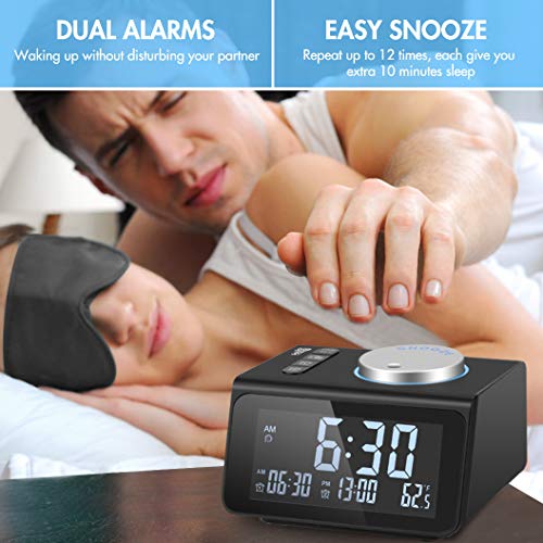 Small Digital Alarm Clock Radio - Dual Alarm, 7 Wake-up Sounds, Display Dimmer, 2 USB Charger, Sleep Timer, Easy to Set, Thermometer, FM Radio Clock w/Battery Backup for Bedrooms, Office, Desk, Travel - Thumbnail 3