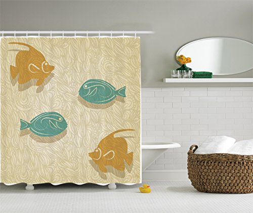 Fish Shower Curtain Waves Decor by Ambesonne, Aquarium Marine and Ocean Themed Fishing Design, Polyester Fabric Bathroom Shower Curtain Set with Hooks, 75 Inches Long, Teal Peru Beige