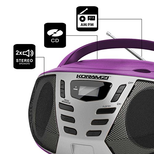KORAMZI-Sports-Portable-CD-Boombox-AMFM-Radio-AUX-IN-Top-Loading-CD-Player-Telescopic-Antenna-LCD-Display-for-Indoor-Outdoor-Offices-Home-Picnics-School-Camping-PurpleSilver-CD55-PLS