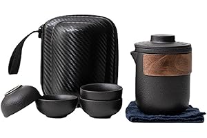 TBACW Portable Chinese Gongfu Tea Set - Ceramic Travel Tea Pot with 4 Cups & Carrying Bag for Outdoor Picnic, Camping, Office