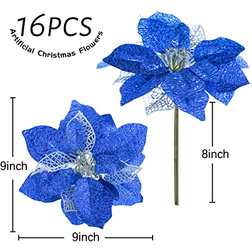 JOHOUSE 16PCS Christmas Glitter Artificial Poinsettia Flowers, 9inches Artificial Christmas Flowers Christmas Flowers for Christmas Tree Wreaths Ornaments (Blue)